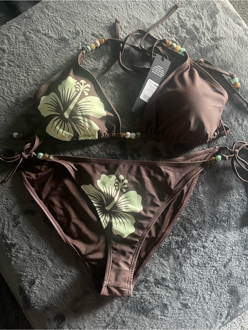 Fashion Nova Brown Bikini Set with Pale Green Floral Print